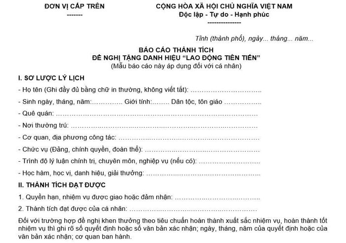 Báo cáo về thành tích Lao động tiên tiến