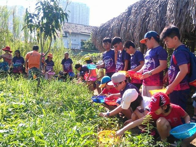Hướng dẫn viên đang hướng dẫn trẻ em về nghệ thuật làm nông