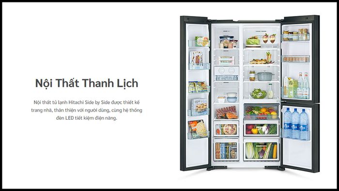 Nội thất bên trong tủ lạnh được thiết kế tỉ mỉ và bố trí các ngăn sang trọng