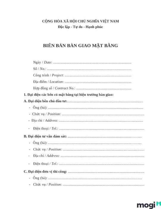Biên bản giao nhận mặt bằng cho thuê
