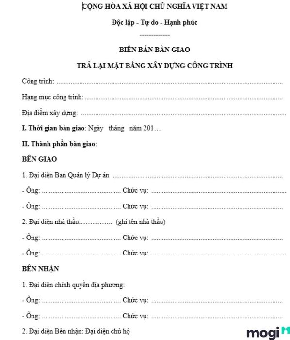 mẫu biên bản giao nhận mặt bằng