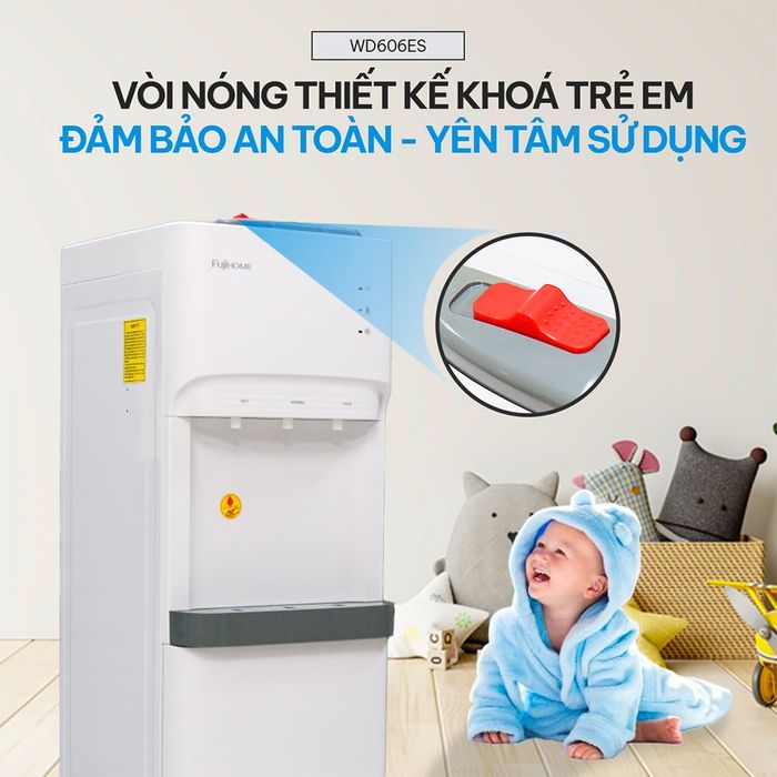 Vòi nóng của cây nước nóng lạnh FUJIHOME WD606ES 565W có trang bị khoá an toàn