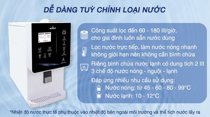 Máy lọc nước điện giải nóng nguội lạnh Robot IonQueen 912X - Công suất và chế độ nước