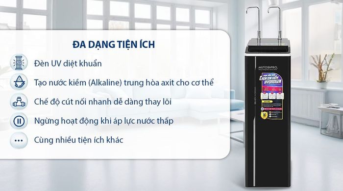 Máy lọc nước điện giải Hydrogen ion kiềm nóng nguội lạnh Mutosi MP-P89K 9 lõi 3 tấm điện cực - Tiện ích