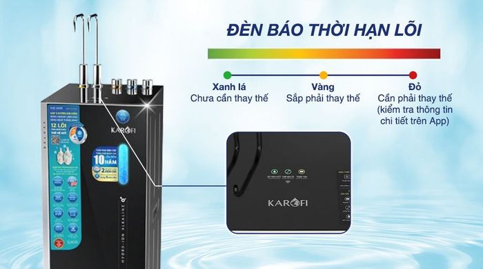 Máy lọc nước RO nóng nguội lạnh Hydrogen ion kiềm Karofi KAE-S688 12 lõi - Đèn báo thay lõi