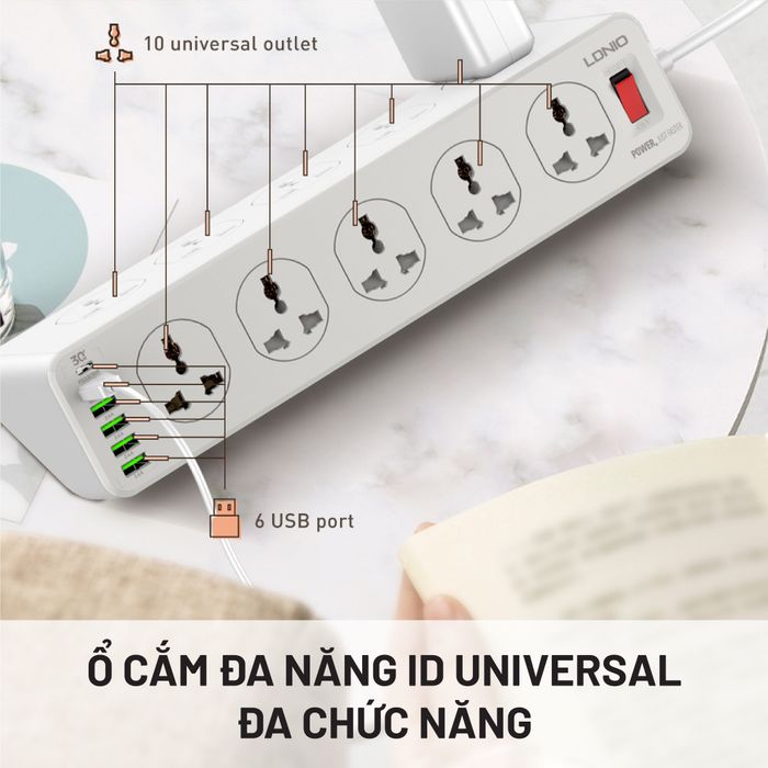 Ổ cắm điện Ldnio 10 lỗ 6 USB 2m SC10610 - thiết kế và cấu tạo