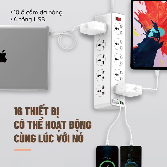Ổ cắm điện Ldnio 10 lỗ 6 USB 2m SC10610 - tiện ích và an toàn