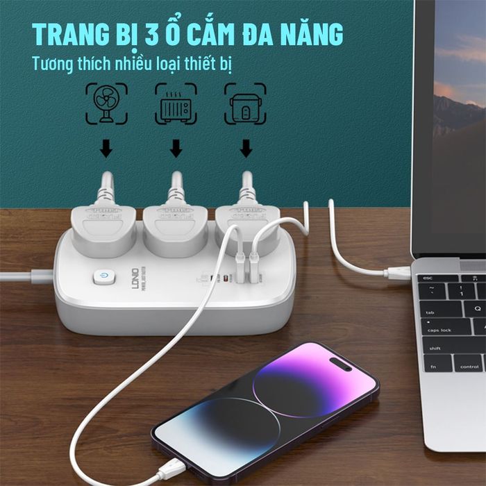 Ổ cắm điện Ldnio 3 lỗ 2 USB 2 Type C 2m SC3416 - tiện ích