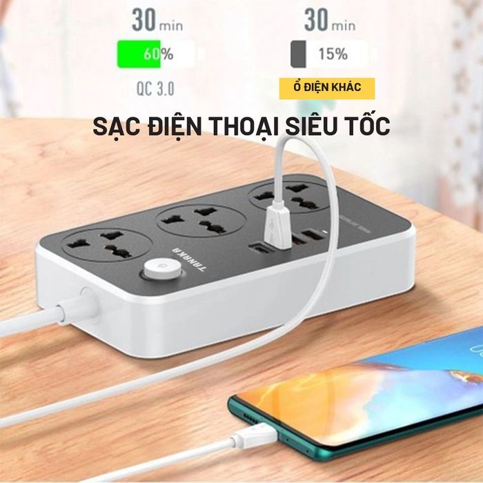 Ổ cắm điện Tanaka 3 lỗ 3 USB 1 Type C 2m TNK-OD4323 - tiện ích