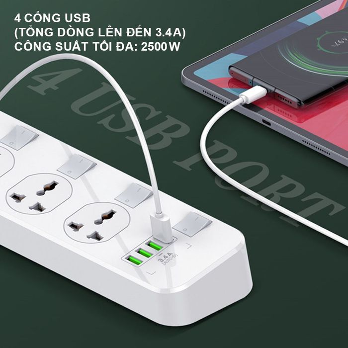 Ổ cắm điện Tanaka 4 lỗ 4 USB 2m TNK-OD4424 - công suẩt