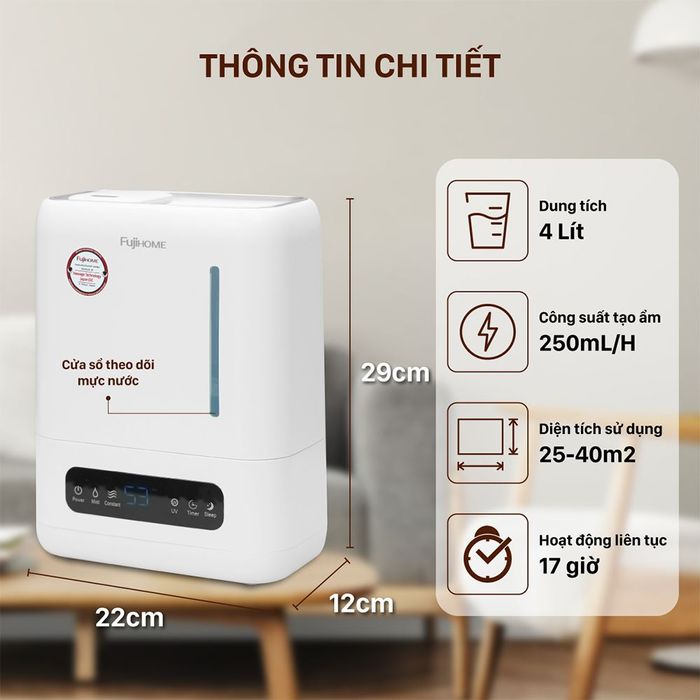Máy tạo ẩm khuếch tán tinh dầu FUJIHOME HM04EUV - Dung tích bình chứa – Thời gian sử dụng