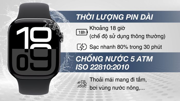 Apple Watch Series 10 GPS + Cellular 42mm viền nhôm dây thể thao - Pin và Chống nước