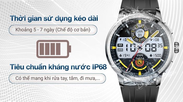 BeFit Sporty 3 46.4mm dây silicone - Pin và kháng nước