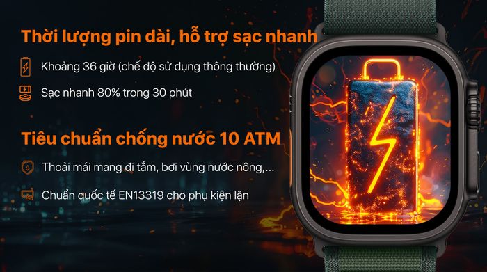 Apple Watch Ultra 2 GPS + Cellular 49mm viền Titanium đen dây Alpine - Pin và Chống nước