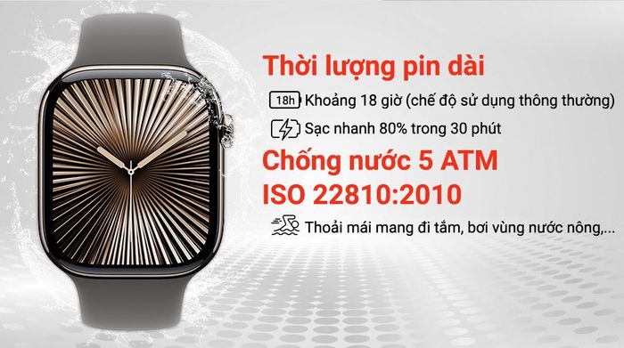 Apple Watch Series 10 GPS + Cellular 46mm viền Titanium dây thể thao - Pin và Chống nước