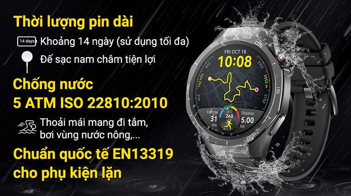 Huawei Watch GT 5 Pro 46mm viền Titanium dây cao su - Pin và Chống nước