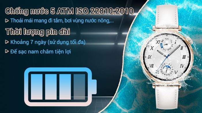 Huawei Watch GT 5 41mm viền thép dây da - Pin và Chống nước