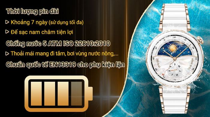 Huawei Watch GT 5 Pro 42mm viền gốm dây gốm - Pin và Chống nước