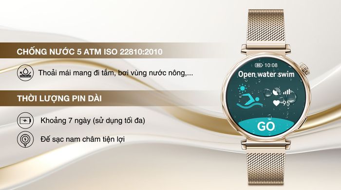 Huawei Watch GT 5 41mm viền thép dây Milanese - Pin và Chống nước