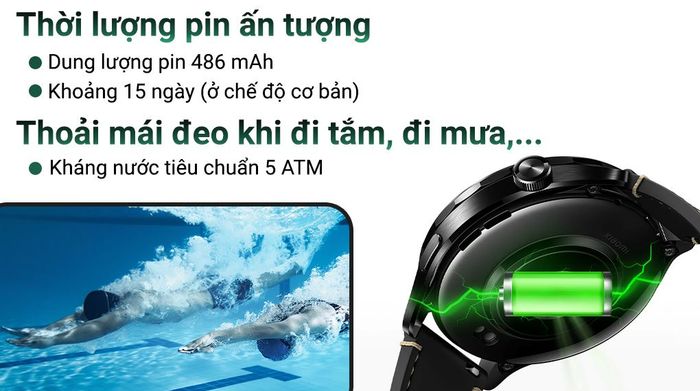 Xiaomi Watch S4 47mm dây silicone - Pin và kháng nước