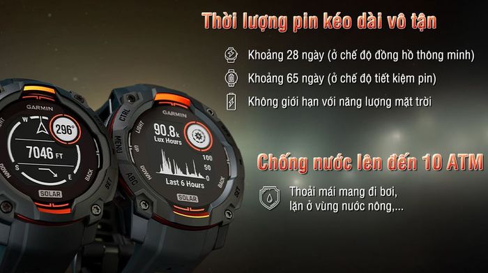 Garmin Instinct 3 Solar 45mm dây silicone - Pin và Chống nước