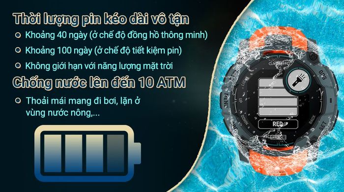 Garmin Instinct 3 Solar 50mm dây silicone - Pin và Chống nước
