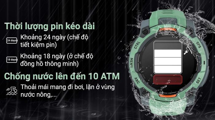 Garmin Instinct 3 45mm dây silicone - Pin và Chống nước