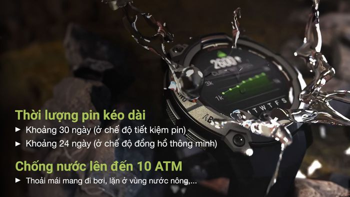 Garmin Instinct 3 50mm dây silicone - Pin và Chống nước