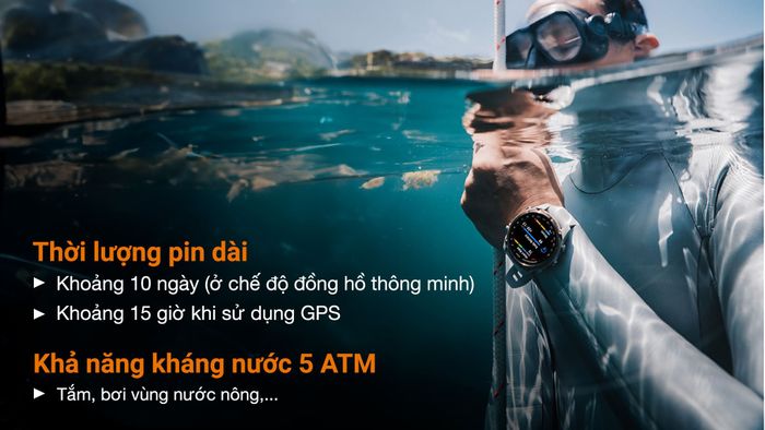 Garmin Approach S50 43mm dây nylon - Pin và kháng nước