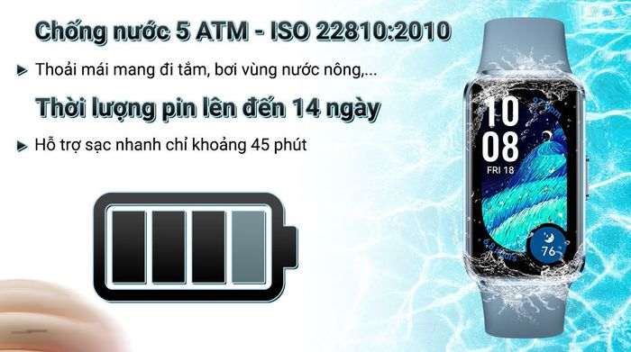 Huawei Band 10 viền nhôm dây cao su - Pin và Chống nước