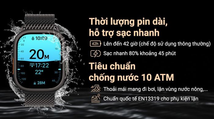 Apple Watch Ultra 3 GPS + Cellular 49mm viền Titanium dây Milan - Pin và Chống nước