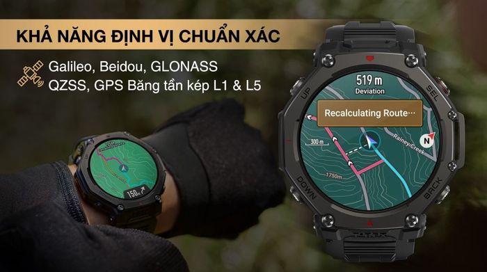 Amazfit T-Rex 3 Pro mang trong mình hệ thống định vị 5 vệ tinh + băng tần kép siêu chính xác, giúp người dùng xác định vị trí ít sai số