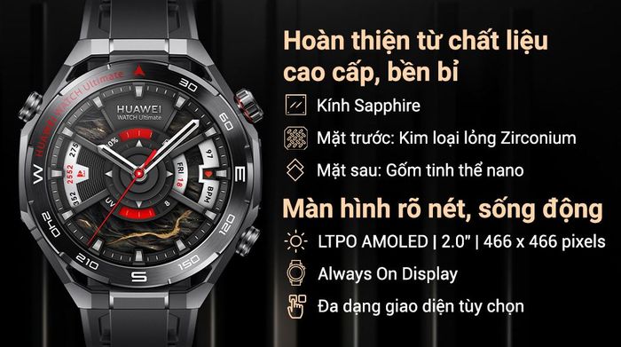 Huawei Watch Ultimate 2 sở hữu màn hình LTPO AMOLED 2.0 inch có độ sáng tối đa lên đến 3500 nits
