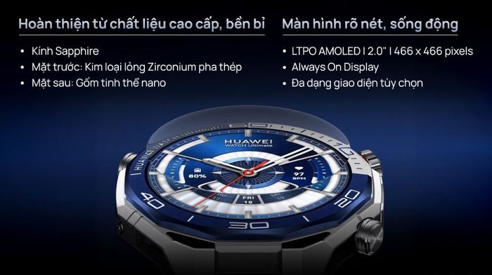 Huawei Watch Ultimate 2 47.8mm sở hữu màn hình LTPO AMOLED 2.0 inch với độ sáng tối đa 3500 nits, hiển thị cực kỳ rõ ràng dù dưới ánh nắng gắt hay trong môi trường thiếu sáng