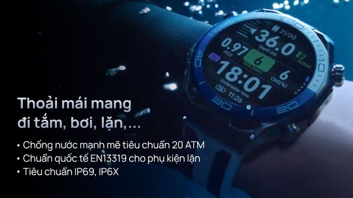 Huawei Watch Ultimate 2 47.8mm đạt chứng nhận EN13319, tiêu chuẩn cho thiết bị lặn chuyên nghiệp, cùng chống nước IP69 và IP6X