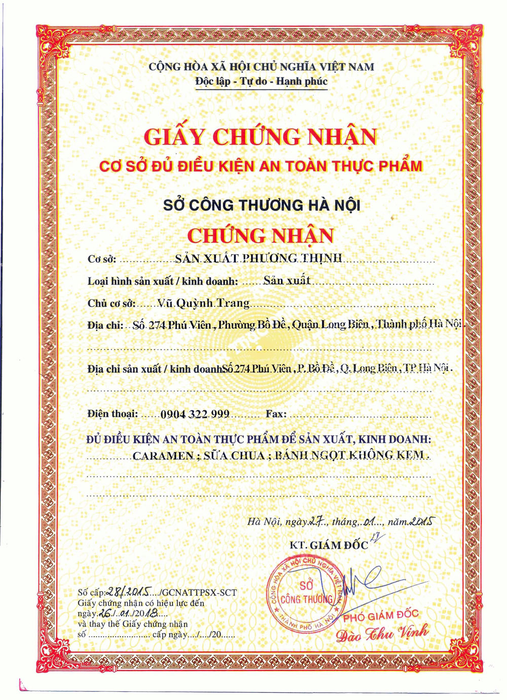 Giấy chứng nhận vệ sinh an toàn thực phẩm