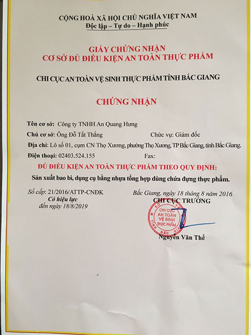 Giấy chứng nhận an toàn vệ sinh