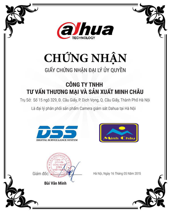 Chứng nhận đại lý phân phối camera Dahua