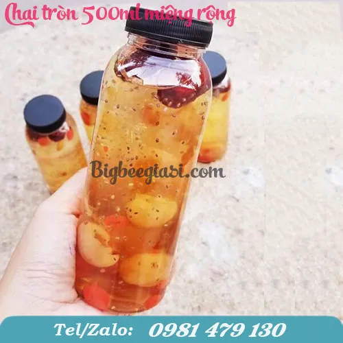 Chai nhựa tròn 500ml cổ rộng nắp đen