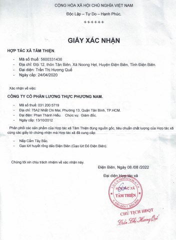 Giấy xác nhận chính gốc gạo lứt đỏ Điện Biên và nếp cẩm Tây Bắc