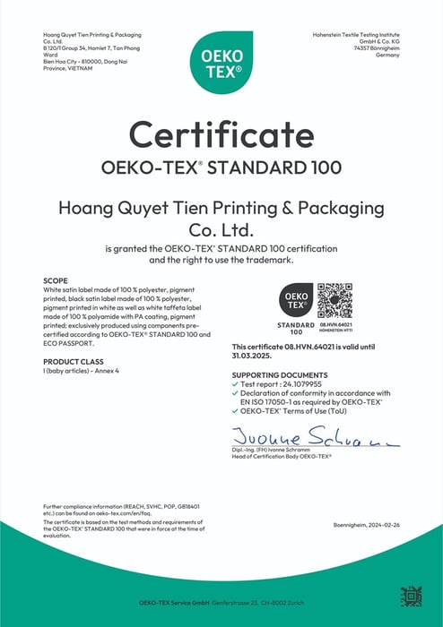 Chứng nhận Oeko-Tex Standard 100 cho hàng thông thường