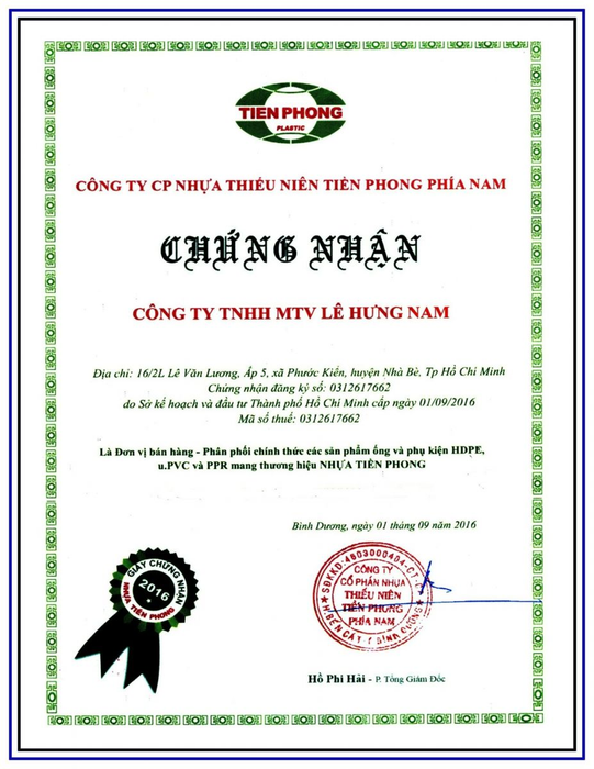 Chứng nhận nhà PP nhựa Tiền Phong