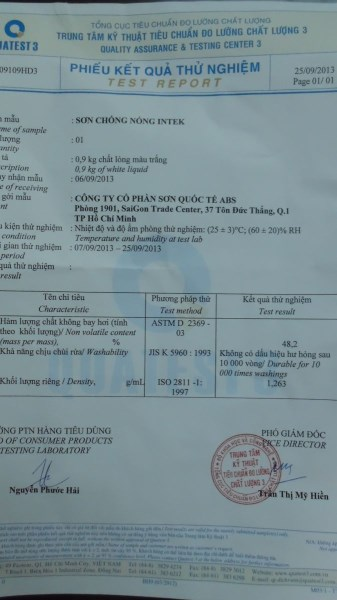 Phiếu kết quả thử nghiệm sơn chống nóng