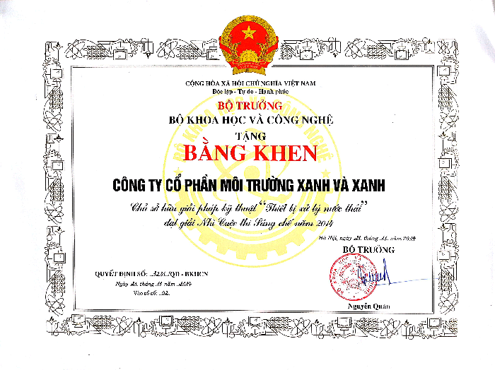 Bằng khen thiết bị xử lý nước