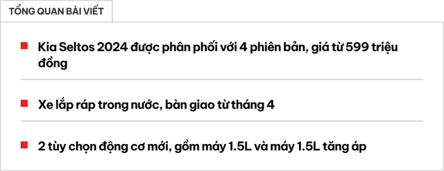 Kia Seltos 2024 trình làng tại Việt Nam: Giá từ 599 triệu, 4 phiên bản, 2 tùy chọn động cơ 1.5L và 1.5L tăng áp - Ảnh 1.