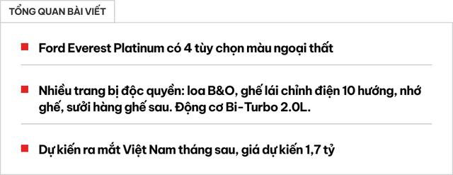 Thông số chi tiết của Ford Everest Platinum sắp ra mắt tại Việt Nam: Nâng cấp vượt trội về tiện nghi, hệ thống loa B&O 12 chiếc, giá dự kiến 1,7 tỷ đồng - Hình ảnh 1.