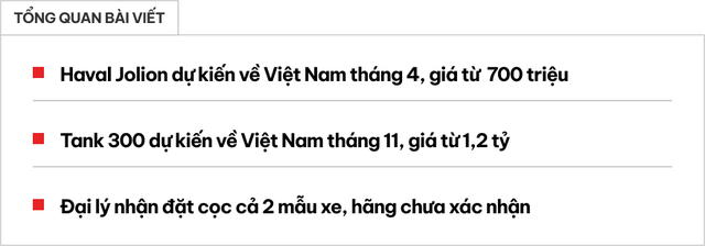 Đại lý nhận đặt cọc Haval Jolion, Tank 300, sẵn sàng ra mắt tại Việt Nam từ tháng 4, giá dự kiến từ 700 triệu đến 1,2 tỷ, cạnh tranh với Corolla Cross và Santa Fe - Hình ảnh 1.