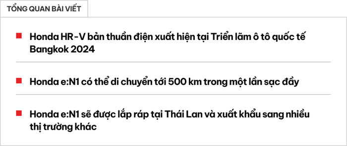 Chi tiết về Honda HR-V điện tại Triển lãm BIMS 2024: Dự kiến chạy 500 km sau mỗi lần sạc, có khả năng có mặt tại Việt Nam - Ảnh 1.