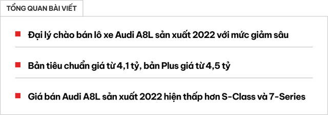 Audi A8L giảm giá không thấy từ trước tại đại lý: Giá xuất phát 4,1 tỷ, sản xuất năm 2022, rẻ hơn đáng kể so với 7-Series và S-Class - Ảnh 1.