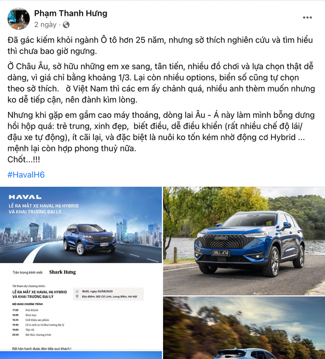 Shark Hưng chia sẻ lý do mua Haval H6: ‘Xe lai Âu - Á dễ điều khiển, nuôi không tốn kém’ - Ảnh 1.